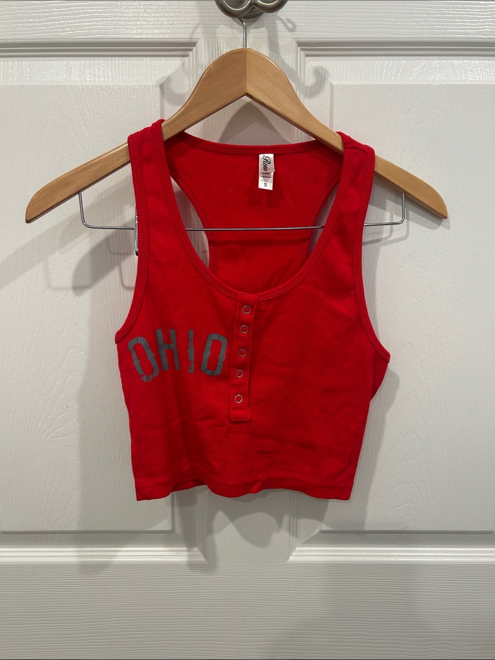 Red Ohio State Ribbed Henley Crop Tank Top